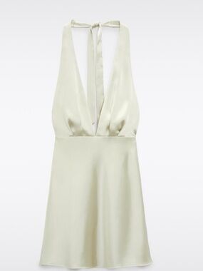 Mint -satin effect - Sleeveless Deep V Halter Dress size S - Preloved-